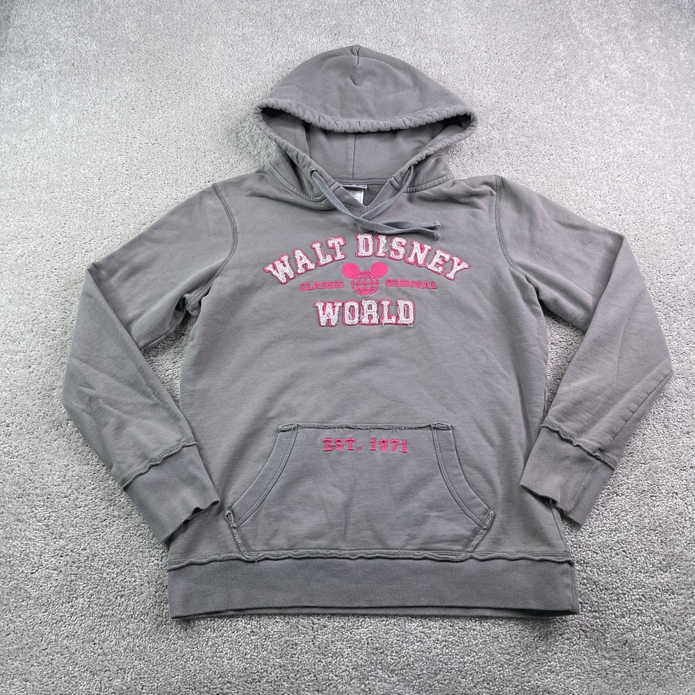 Walt Disney World Hoodie Womens Large Gray Pink Embroidered Casual Disney Parks